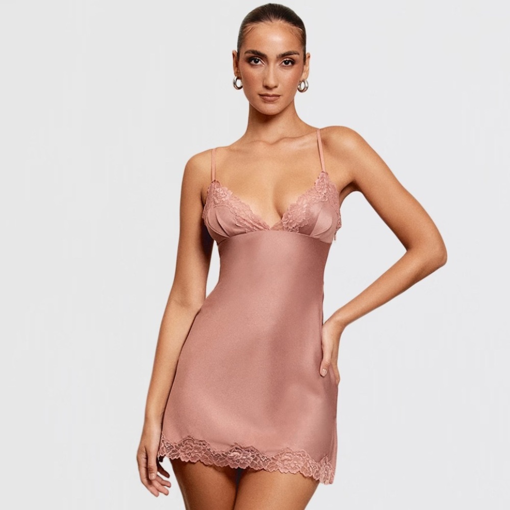 House of CB Dusty Rose Lace-Trim Mini Slip Dress